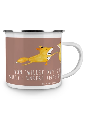Mr. & Mrs. Panda Camping Emaille Tasse Verlobung Abenteuer mit S... in Braun Pastell