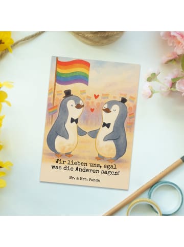 Mr. & Mrs. Panda Postkarte Pinguine Gay Pride Design mit Spruch in Weiß
