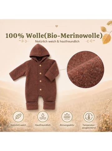 Kinderhaus Blaubär Baby-Overall mit Kapuze, Holzknöpfen & Mulltuch Blaubaer in Zimt Melange