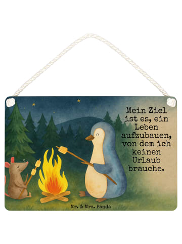 Mr. & Mrs. Panda Wandbild Holz Pinguin Lagerfeuer Design mit Spruch in Weiß