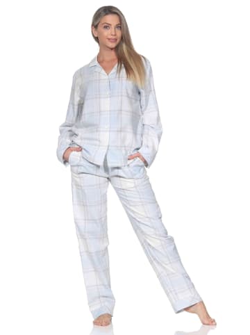 NORMANN Flanell Schlafanzug langarm Pyjama Kariert in hellblau