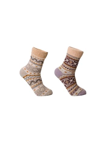 Yuhu Kuschelsocken Damen 2er Pack Baumwolle Norweger-Muster in Beige