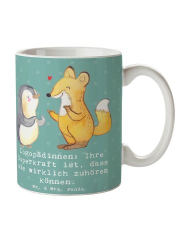 Mr. & Mrs. Panda Keramiktasse Logopädin Superkraft mit Spruch in Meeresbrise