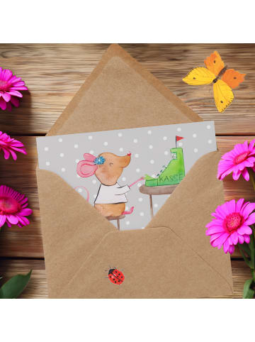 Mr. & Mrs. Panda Glückwunschkarte Kassiererin Herz mit Spruch in Grau Pastell