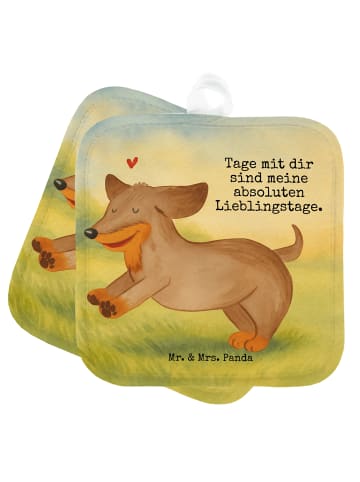 Mr. & Mrs. Panda 2er Set Topflappen  Hund Dackel Design mit Spruch in Weiß