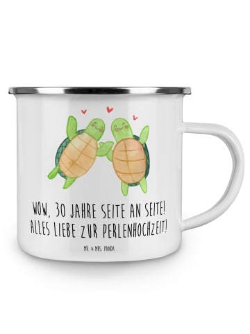 Mr. & Mrs. Panda Camping Emaille Tasse 30. Hochzeitstag Perlenho... in Weiß