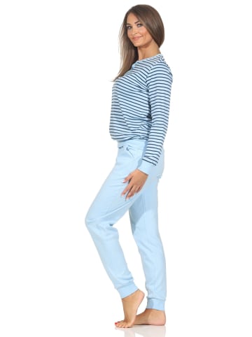 NORMANN Interlock Schlafanzug langarm Bündchen Streifenoptik - 87377 in hellblau