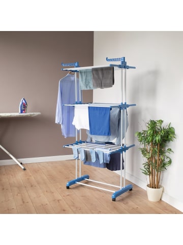EASYmaxx Wäscheständer 3 Etagen klappbar 76x50x172cm weiß/blau mit Rollen Weiß