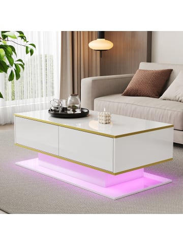 ABRIHOME Weißes LED-Couchtisch in Hochglanz mit Golddekor, Schubladen und offenem Fach