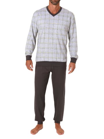NORMANN Schlafanzug langarm Pyjama Bündchen und karierten Oberteil - 71652 in Grau