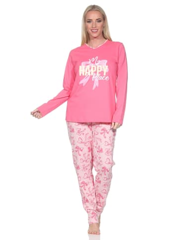 NORMANN Schlafanzug langarm Pyjama Schleifen Motiv in pink