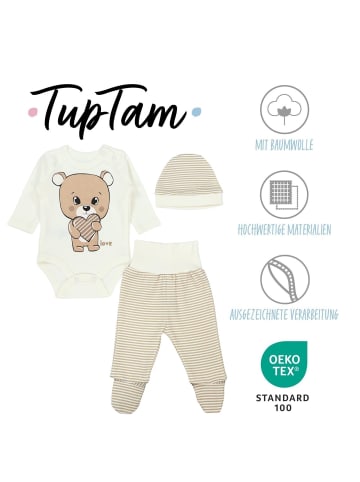 TupTam Baby Bekleidungsset Langarmbody Hose Mütze3 teilig in beige/gelb