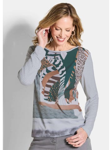GOLDNER Langarm Satinshirt mit Allover-Print in graugrün / gemustert
