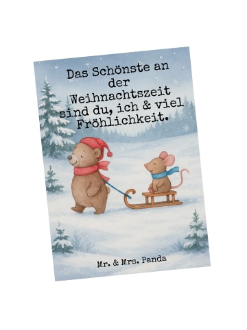 Mr. & Mrs. Panda Postkarte Bär und Maus Schlitten Design mit Spruch in Weiß
