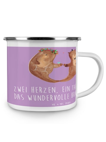 Mr. & Mrs. Panda Emaille Tasse Brautpaar Herzen mit Spruch in Lavendeltraum
