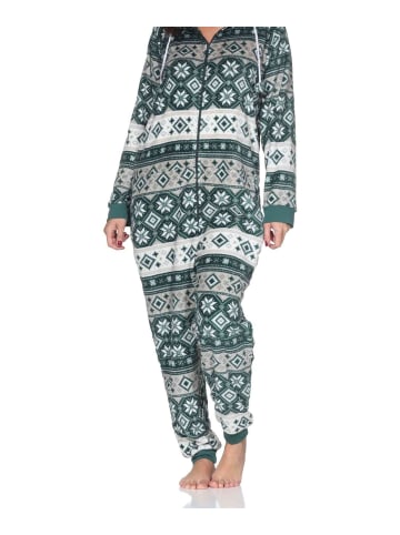 NORMANN Schlafanzug Jumpsuit Overall Norwegeroptik Coralfleece in grün