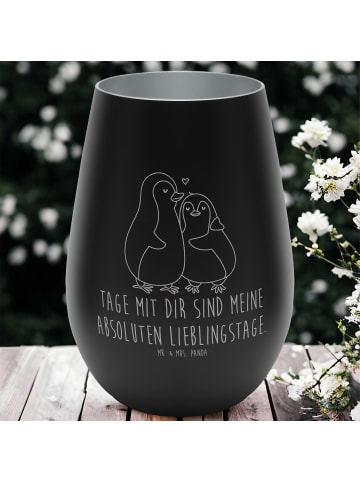 Mr. & Mrs. Panda Glas Windlicht Pinguin umarmen mit Spruch in Schwarz