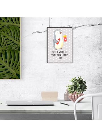 Mr. & Mrs. Panda Wandposter Pinguin Pommes mit Spruch in Grau Pastell