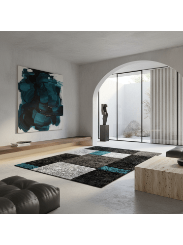 KADIMA DESIGN Teppich Kurzflor Waschbar Karo LATEMAR Strapazierfähig OEKO-TEX in Türkis