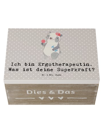 Mr. & Mrs. Panda Holztruhe Super Ergotherapeutin mit Spruch in Grau Pastell