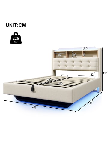 ABRIHOME Polsterbett in Beige 140x200 cm mit LED Stauraum USB C Leinenstoff
