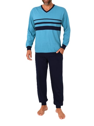 NORMANN Langarm Schlafanzug Pyjama Bündchen Frontstreifen Übergrößen in marine