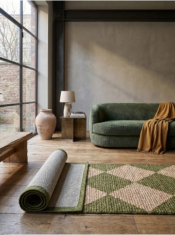 KADIMA DESIGN Naturfaser-Teppich Handgewebt BAIN Rauten Muster Wohnzimmer Modern in Olivegrün