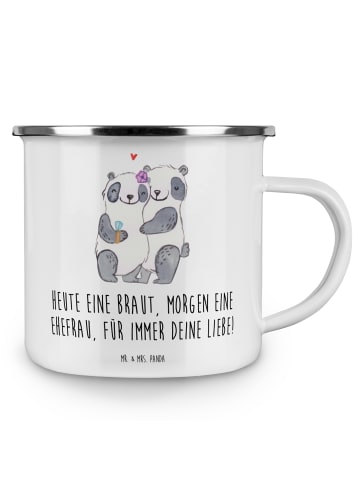 Mr. & Mrs. Panda Camping Emaille Tasse Braut Liebe mit Spruch in Weiß