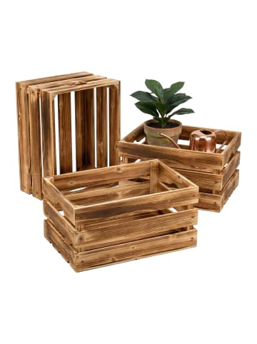 relaxdays 3 x Holzkiste "geflammt" in Braun - (B)40 x (H)25 x (T)30 cm