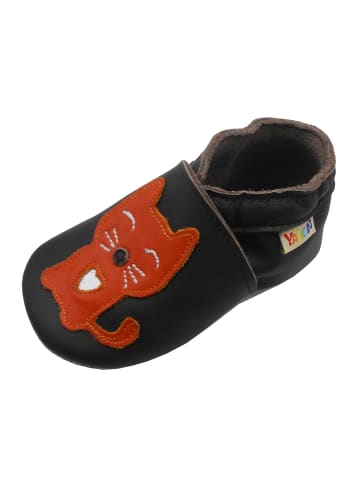 Yalion Leder-Krabbelschuhe "Katze" in Rot / Schokobraun