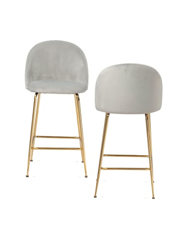 KADIMA DESIGN 2er Set Barhocker Samt Hocker mit Lehne & goldenen Beinen, in Grau