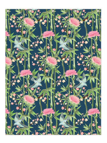 Juniqe Duschvorhang "Bamboo Birds and Blossom Teal" in Grün & Rosa