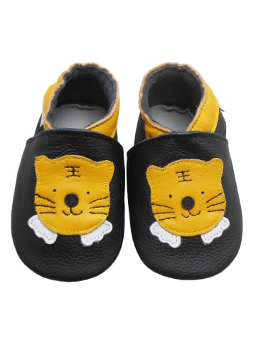 Bemesu Schwarze Baby-Leder-Laufschuhe, komfortabel mit rutschfester Sohle - Tigermotiv