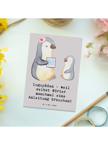 Mr. & Mrs. Panda Grußkarte Logopädin Helden mit Spruch in Grau Pastell