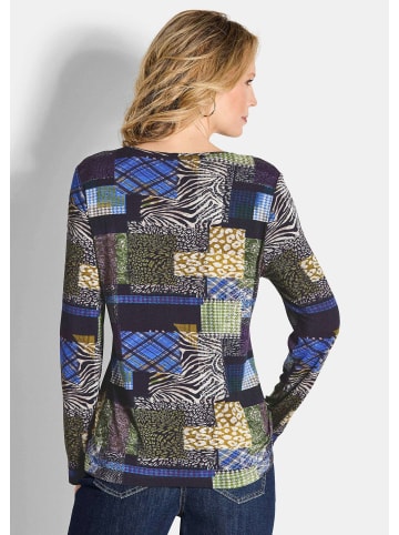 GOLDNER Langarm Viskose-Shirt mit V-Ausschnitt in marine / gemustert