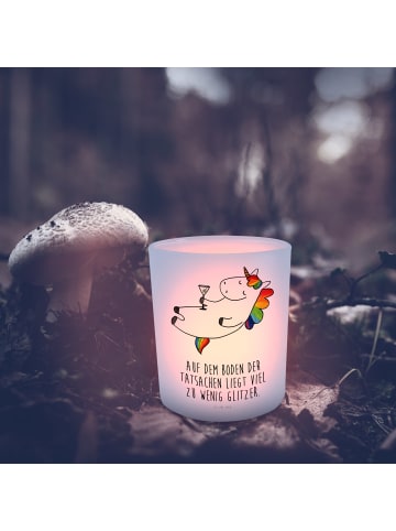 Mr. & Mrs. Panda Glas Windlicht Einhorn Blümchentail mit Spruch in Transparent