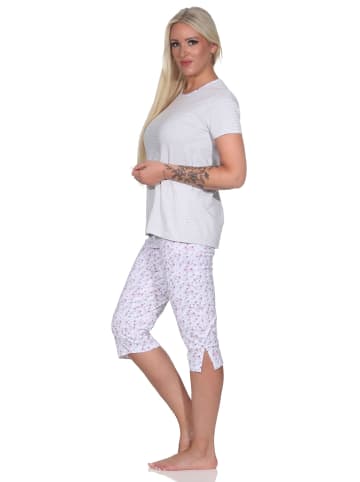 NORMANN Capri Pyjama Schlafanzug Streifen Hose & Rundhals - 79876 in grau