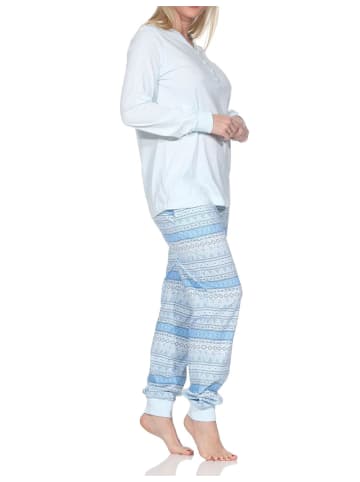 NORMANN Langarm Schlafanzug Pyjama Bündchen Ethnolook Übergröße in hellblau