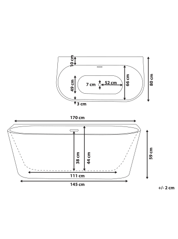 Beliani Badewanne HARVEY in Weiß/Silber - (W) 80 x (H) 59 x (L) 170 cm
