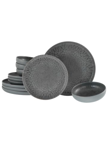 CreaTable Uno Volcano Dark, 12-teiliges Geschirrset, Teller Set aus Steinzeug in Anthrazit in Anthrazit