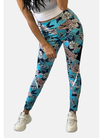 Holala Yoga Leggings Stretch High Waist Hose Mesh Blumen Print in Blau