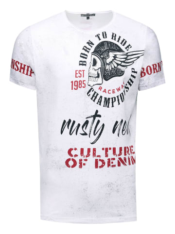Rusty Neal Vintage Biker T-Shirt Oil Wash mit Raw Edge & Front- und Backprint in Weiß