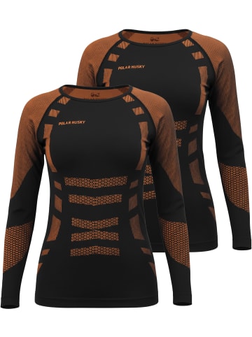 normani 2 x Thermooberteil Langarm Shirt Skiunterwäsche für Damen in Orange/Schwarz