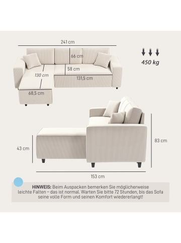 HOMCOM Ecksofa-241L x 153B x 83H cm-Cremeweiß