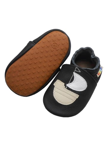 Yalion Schwarze Baby Leder Krabbelschuhe, rutschfester harter Sohle–Segelboot-Muster