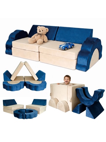relaxdays 10tlg. Kinder-Spielsofa Set "Samt" in Blau/ Beige - (B)150 x (H)47 x (T)65 cm