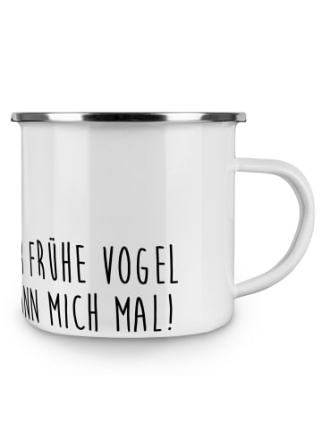 Mr. & Mrs. Panda Camping Emaille Tasse Faultier Vogel mit Spruch in Weiß