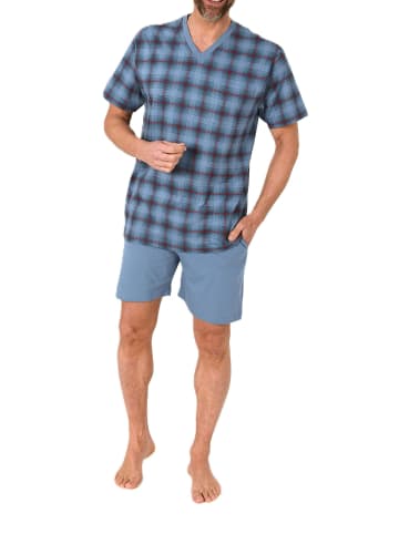 NORMANN Kurzarm Schlafanzug Shorty Jersey und karierten Pyjama Oberteil in blau