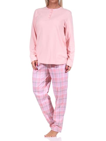 NORMANN Pyjama langarm Schlafanzug Karohose und Knopfleiste am Hals - 69253 in rosa