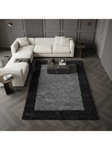 KADIMA DESIGN Teppich Hochflor Shaggy Waschbar Bordüre RHEIN Strapazierfähig in Anthrazit
